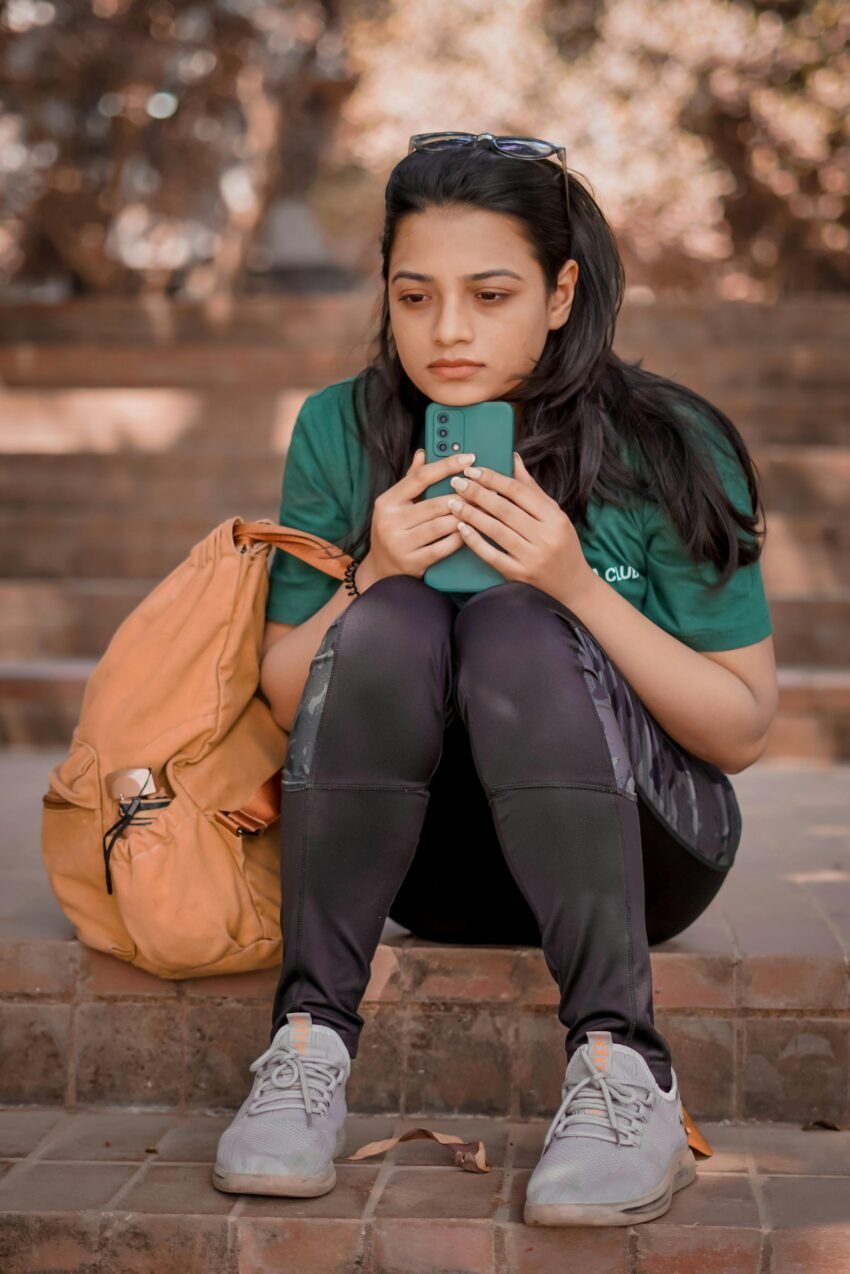 Woman Sitting on the Steps with a Backpack